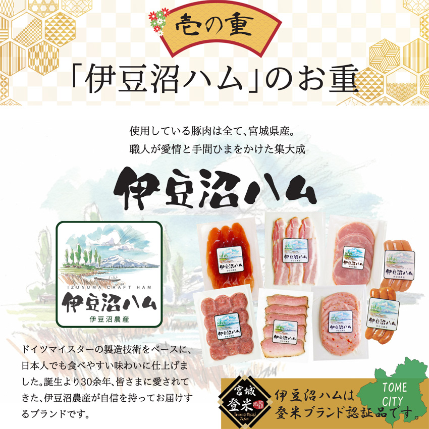 「伊豆沼農産 豚肉食べつくしおせち」壱の重は、「伊豆沼ハム」のお重。