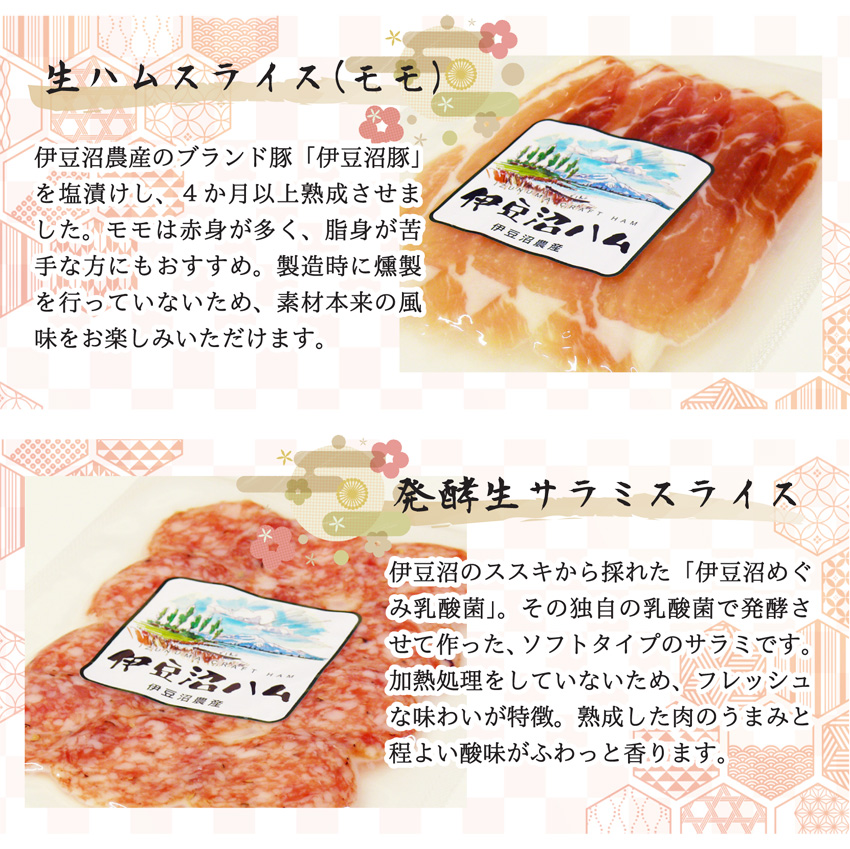 「伊豆沼農産 豚肉食べつくしおせち」「伊豆沼ハム」のお重 ラインナップ「ベーコンスライス」「発酵生サラミスライス」