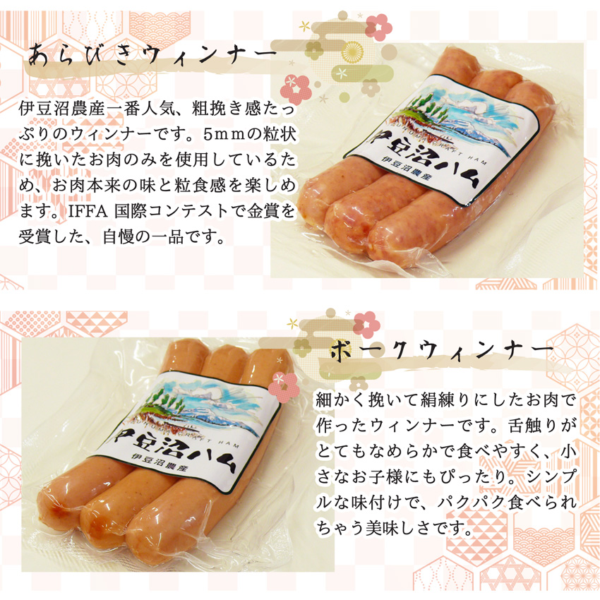 「伊豆沼農産 豚肉食べつくしおせち」「伊豆沼ハム」のお重 ラインナップ「あらびきウインナー」「ポークウインナー」
