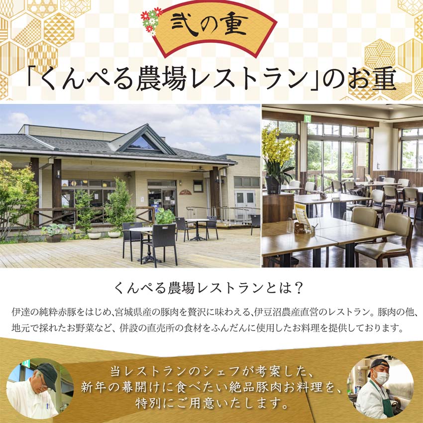 「伊豆沼農産 豚肉食べつくしおせち」弐の重は、「くんぺる農場レストラン」のお重。