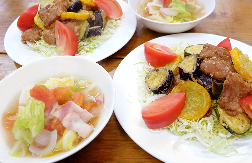 豚竜田揚げと夏野菜、たっぷり野菜の白だしスープ