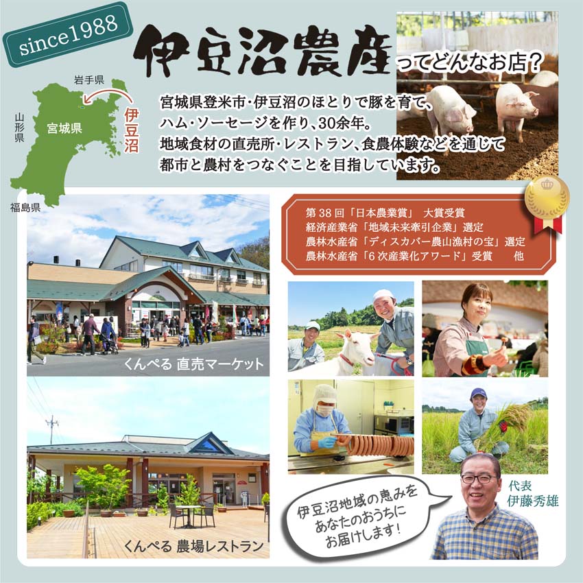 伊豆沼農産ってどんなお店？宮城県登米市・伊豆沼のほとりでくんぺる直売所・レストランを開き、ハム・ソーセージを作り、お届けしています