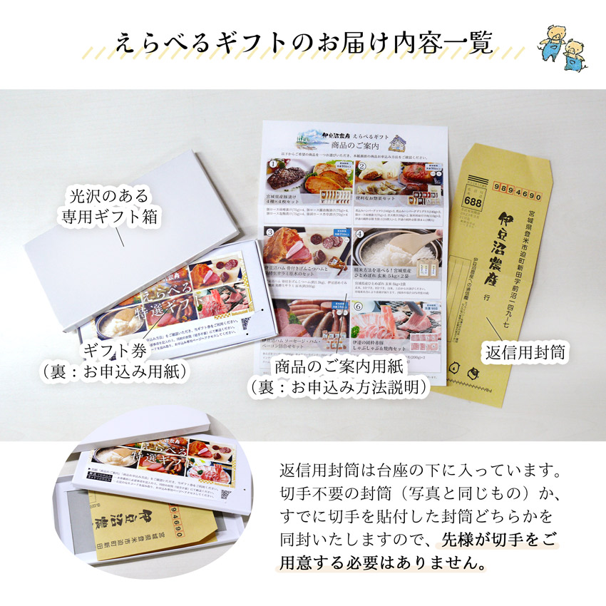 「伊豆沼農産 えらべるギフト券」のお届け内容一覧は、光沢のある専用ギフト箱、ギフト券(お申込み用紙)、商品のご案内用紙(お申込み方法説明)、返信用封筒の４点です。