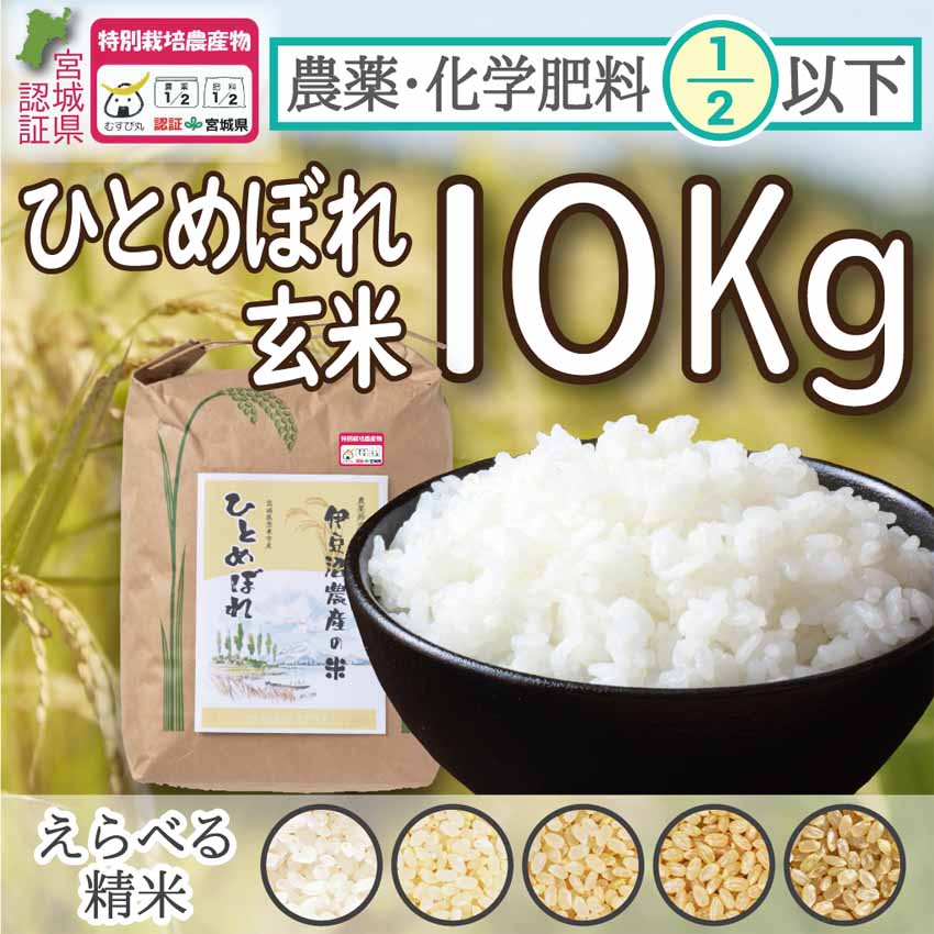 農薬・化学肥料節減米（宮城県認証）登米市産ひとめぼれ　令和5年度産　玄米10kg【冷凍不可】（ご希望の方：精米サービス有！）