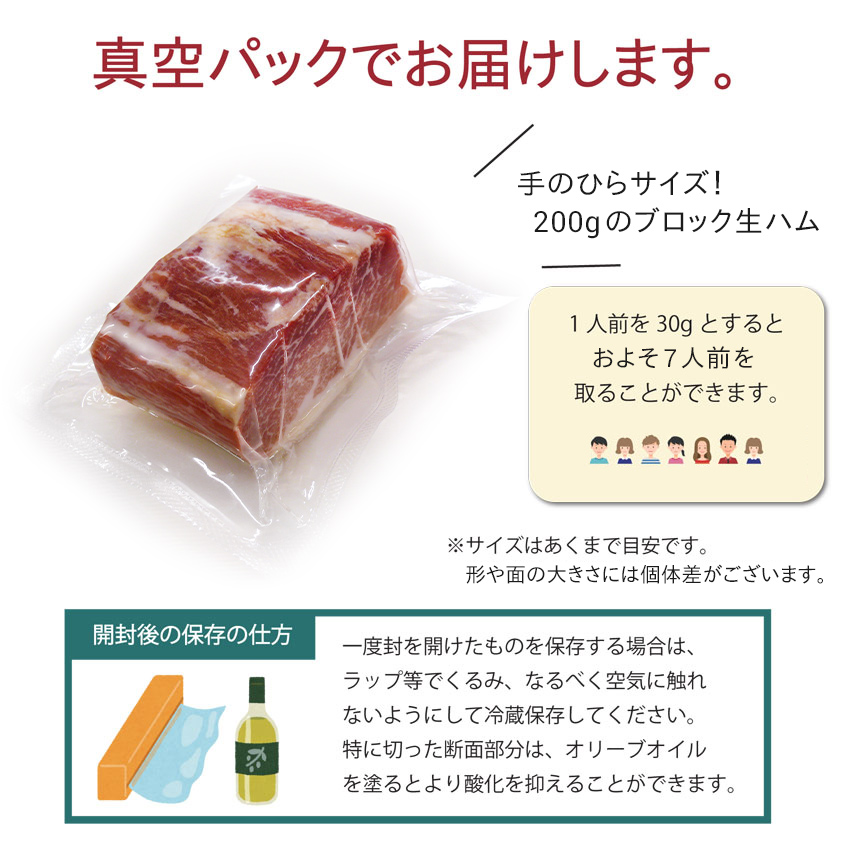 生ハムブロックは真空パックでお届けします。