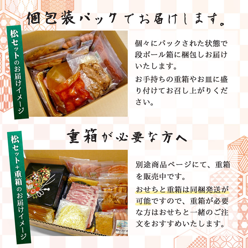 「伊豆沼農産 豚肉食べつくしおせち」は個包装パックでお届け。重箱が必要な方は別途ご希望いただけます。