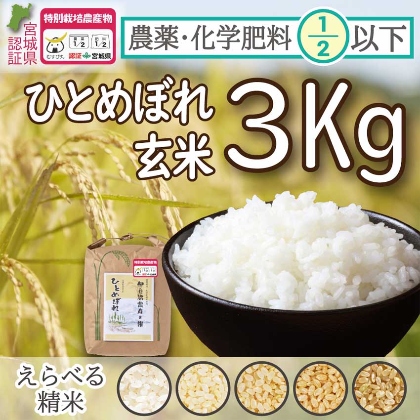 令和5年度産　農薬・化学肥料節減米（宮城県認証）登米市産ひとめぼれ玄米3kg【冷凍不可】（ご希望の方：精米サービス有！）